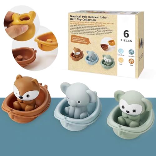 Auvitaya Stackable Boat Bath Toys with Finger Puppets – Baby Bathtub Stacking Set
