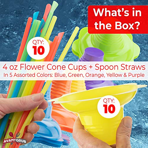 Avant Grub 10-Pack Reusable 4oz Snow Cone Cups with Flower Drip-Catching Rim and Spoon Straws