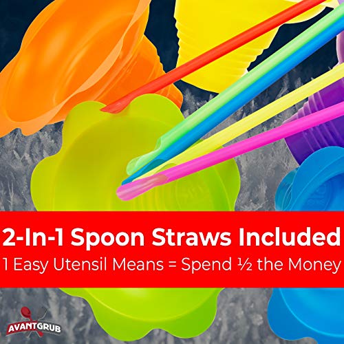 Avant Grub 10-Pack Reusable 4oz Snow Cone Cups with Flower Drip-Catching Rim and Spoon Straws