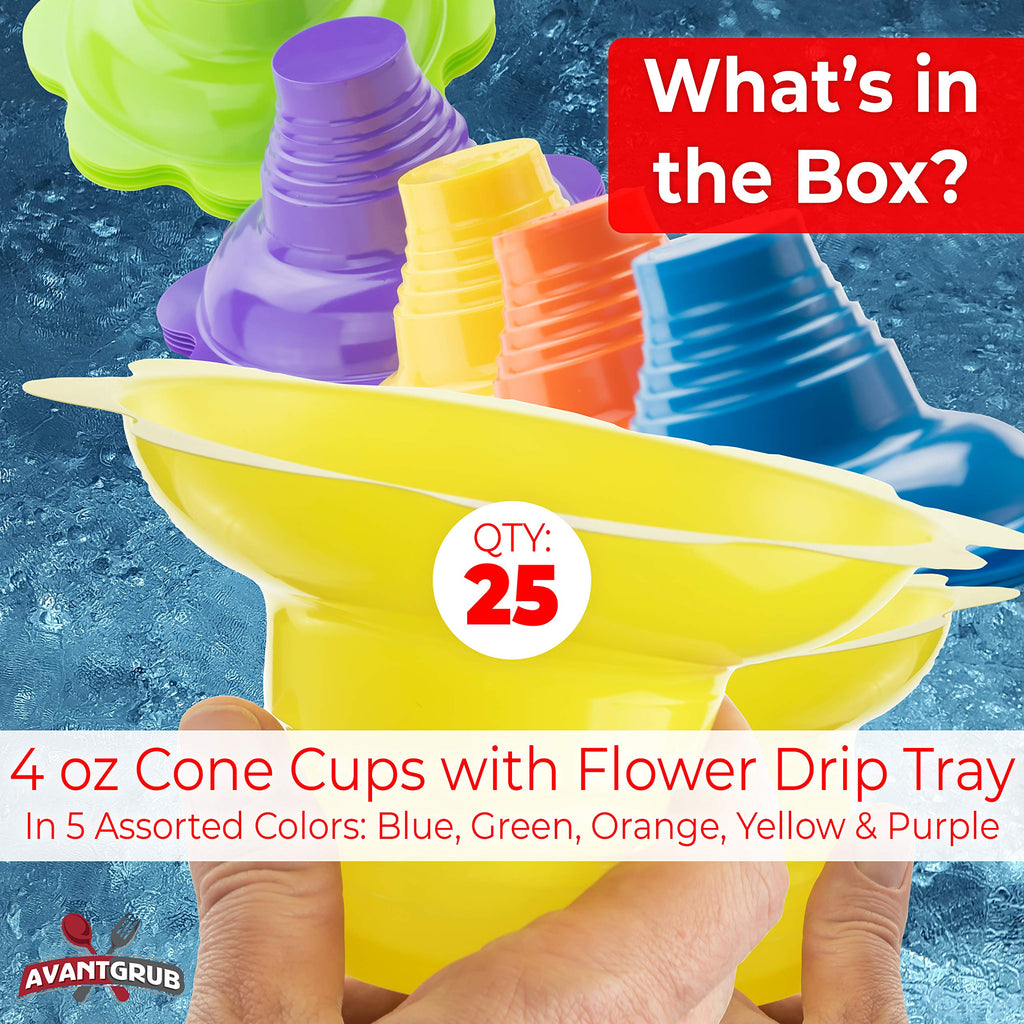 Avant Grub 25-Pack Reusable 4oz Flower Snow Cone Cups – Leakproof, Drip-Catching, Standalone Design for Parties, Shaved Ice, Ice Cream, and Snacks