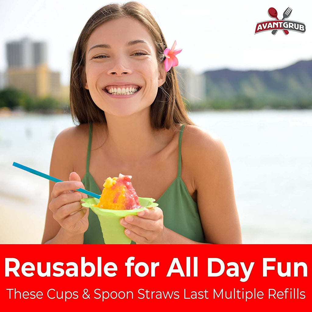 Avant Grub 4oz Reusable Snow Cone Cups 50-Pack – Leakproof Drip-Catching Flower Rims for Mess-Free Treats