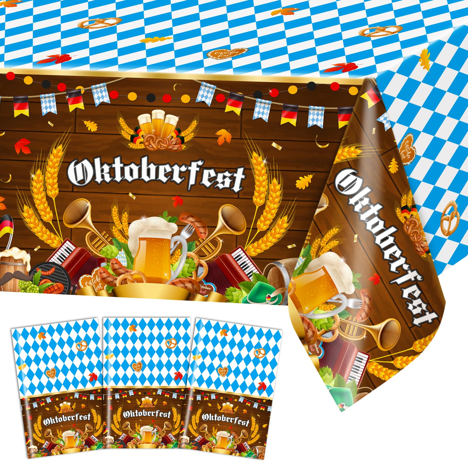 Avezano 3-Pack Blue & White Checkered Oktoberfest Tablecloths - 108x54 Inch Disposable Plastic Tablecovers for Beer Festival Party Decor