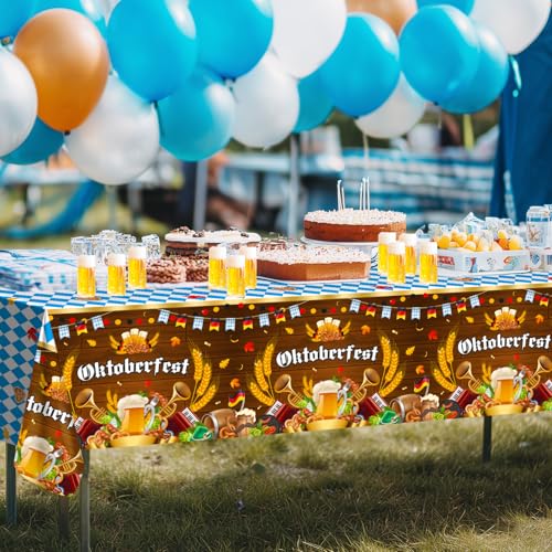 Avezano 3-Pack Blue & White Checkered Oktoberfest Tablecloths - 108x54 Inch Disposable Plastic Tablecovers for Beer Festival Party Decor