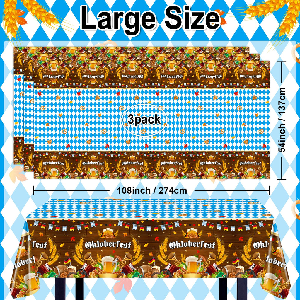 Avezano 3-Pack Blue & White Checkered Oktoberfest Tablecloths - 108x54 Inch Disposable Plastic Tablecovers for Beer Festival Party Decor