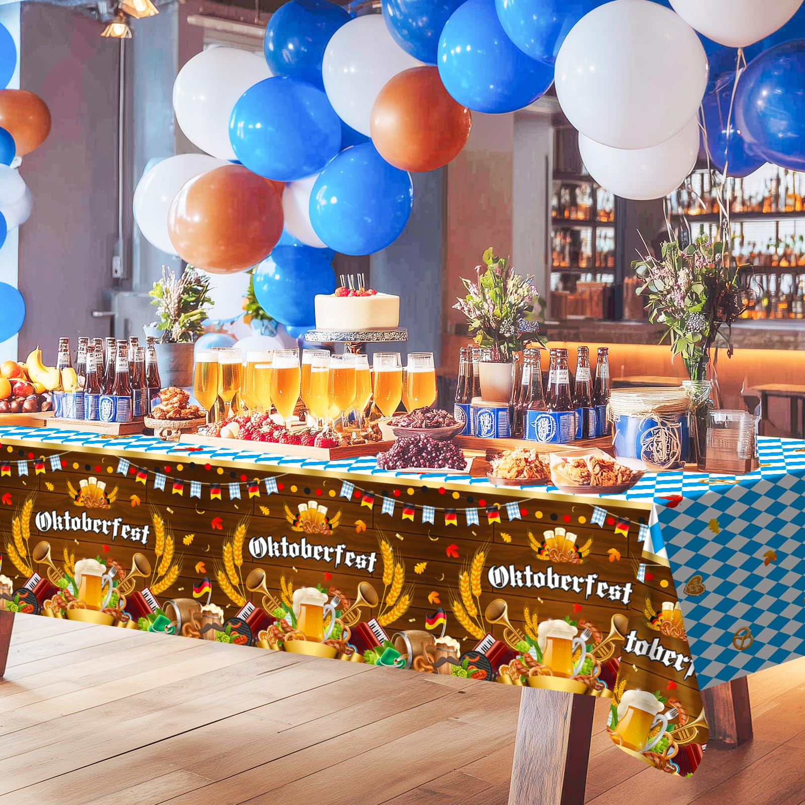 Avezano 3-Pack Blue & White Checkered Oktoberfest Tablecloths - 108x54 Inch Disposable Plastic Tablecovers for Beer Festival Party Decor
