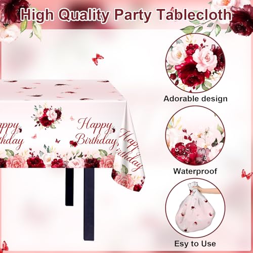 Avezano 3-Pack Burgundy Floral Birthday Tablecloths – 108x54 Inch Plastic Disposable Table Covers for Women's Parties