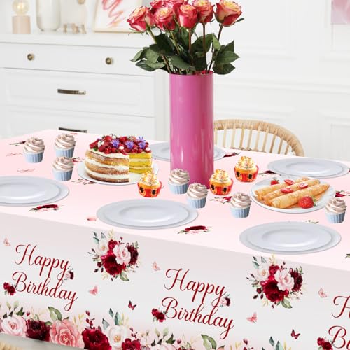 Avezano 3-Pack Burgundy Floral Birthday Tablecloths – 108x54 Inch Plastic Disposable Table Covers for Women's Parties