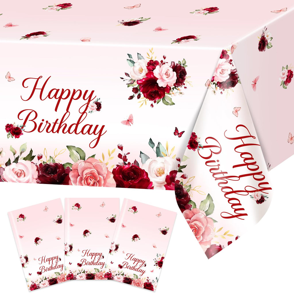 Avezano 3-Pack Burgundy Floral Birthday Tablecloths – 108x54 Inch Plastic Disposable Table Covers for Women's Parties