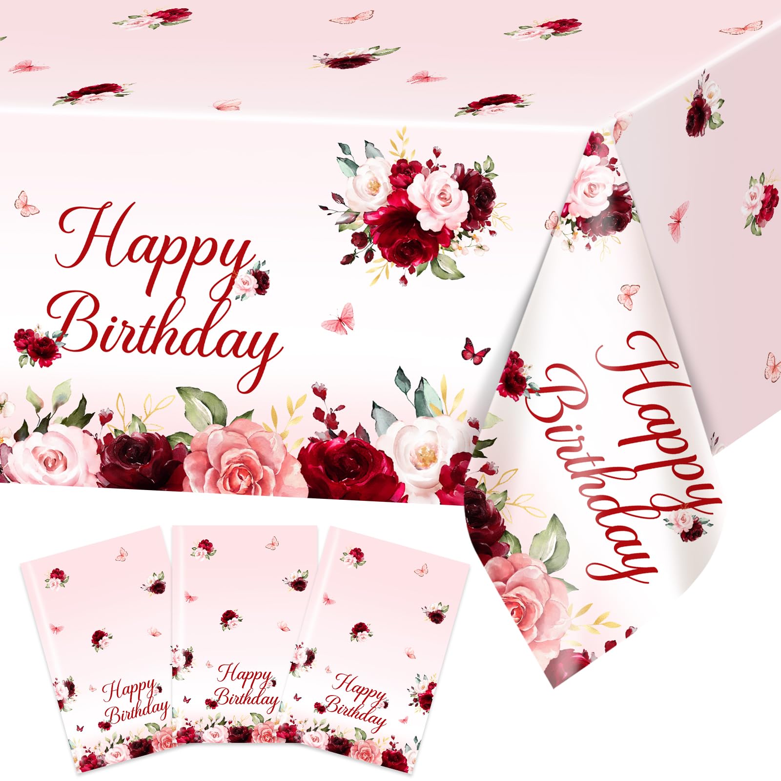 Avezano 3-Pack Burgundy Floral Birthday Tablecloths – 108x54 Inch Plastic Disposable Table Covers for Women's Parties