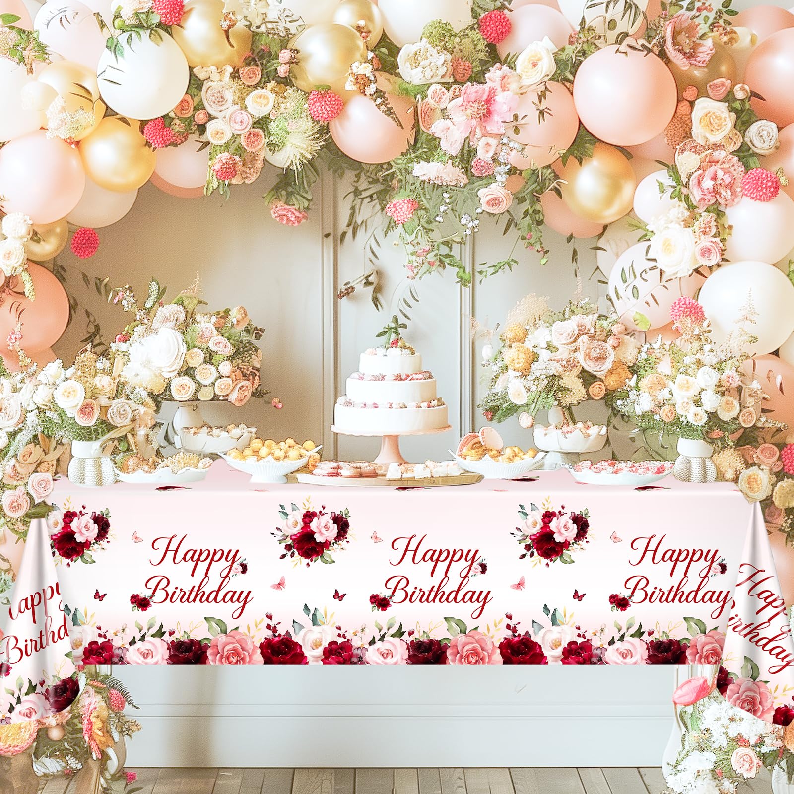 Avezano 3-Pack Burgundy Floral Birthday Tablecloths – 108x54 Inch Plastic Disposable Table Covers for Women's Parties