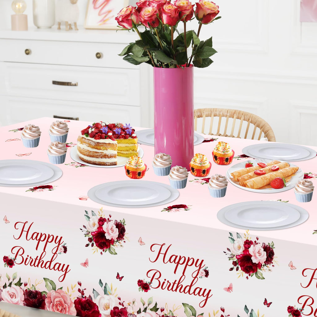 Avezano 3-Pack Burgundy Floral Birthday Tablecloths – 108x54 Inch Plastic Disposable Table Covers for Women's Parties