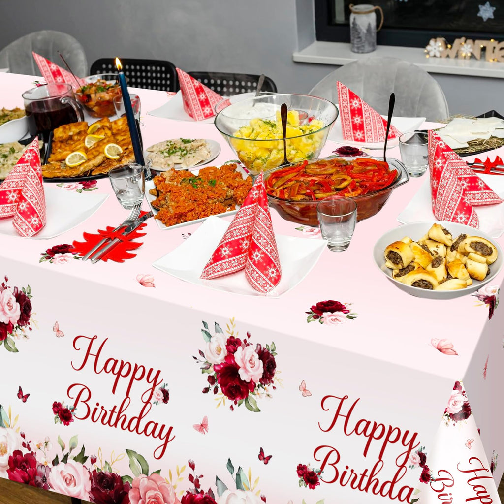 Avezano 3-Pack Burgundy Floral Birthday Tablecloths – 108x54 Inch Plastic Disposable Table Covers for Women's Parties