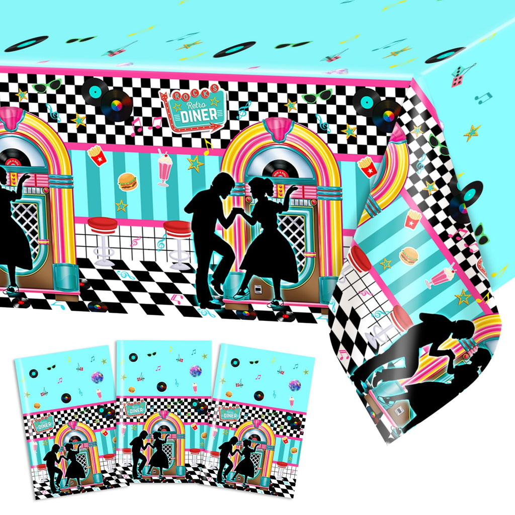 Avezano 3 Pack Retro 50s Music Tablecloths - 108x54 Inch Plastic Party Cover