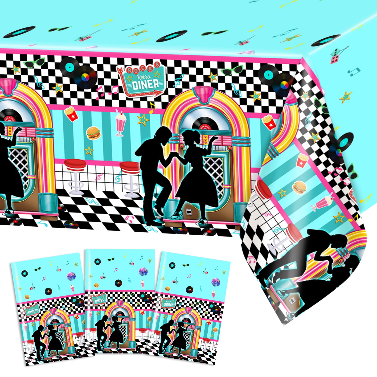 Avezano 3 Pack Retro 50s Music Tablecloths - 108x54 Inch Plastic Party Cover