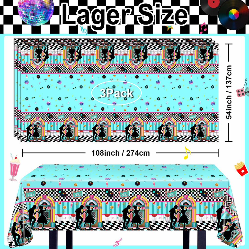 Avezano 3 Pack Retro 50s Music Tablecloths - 108x54 Inch Plastic Party Cover