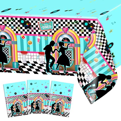 Avezano 3 Pack Retro 50s Music Tablecloths - 108x54 Inch Plastic Party Cover