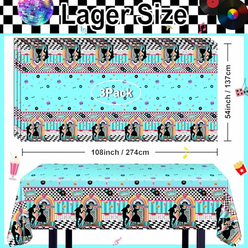 Avezano 3 Pack Retro 50s Music Tablecloths - 108x54 Inch Plastic Party Cover