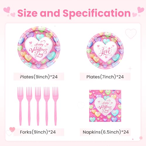 Avezano 96-Piece Valentine's Day Disposable Plates and Napkins Set – Pink Loveheart Tableware for 24