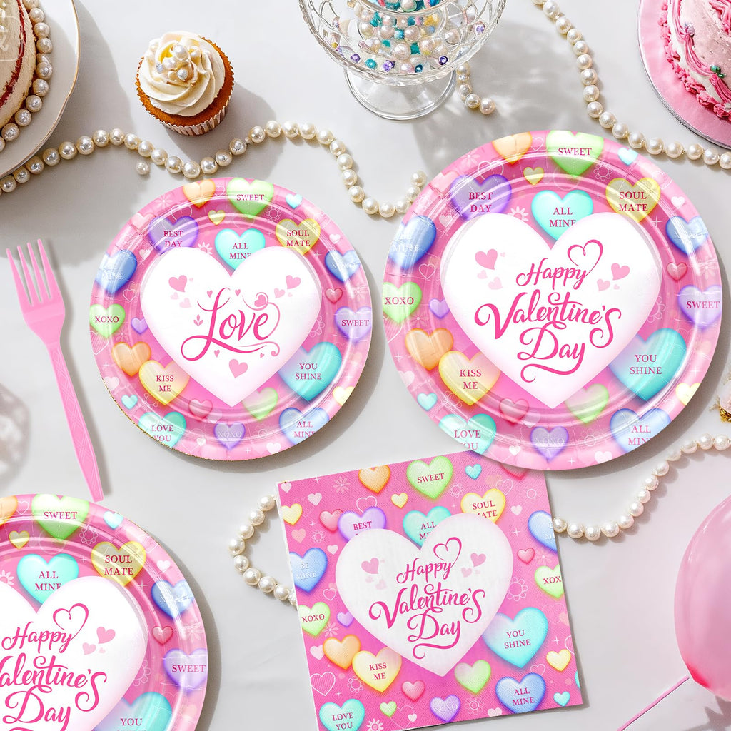 Avezano 96-Piece Valentine's Day Disposable Plates and Napkins Set – Pink Loveheart Tableware for 24