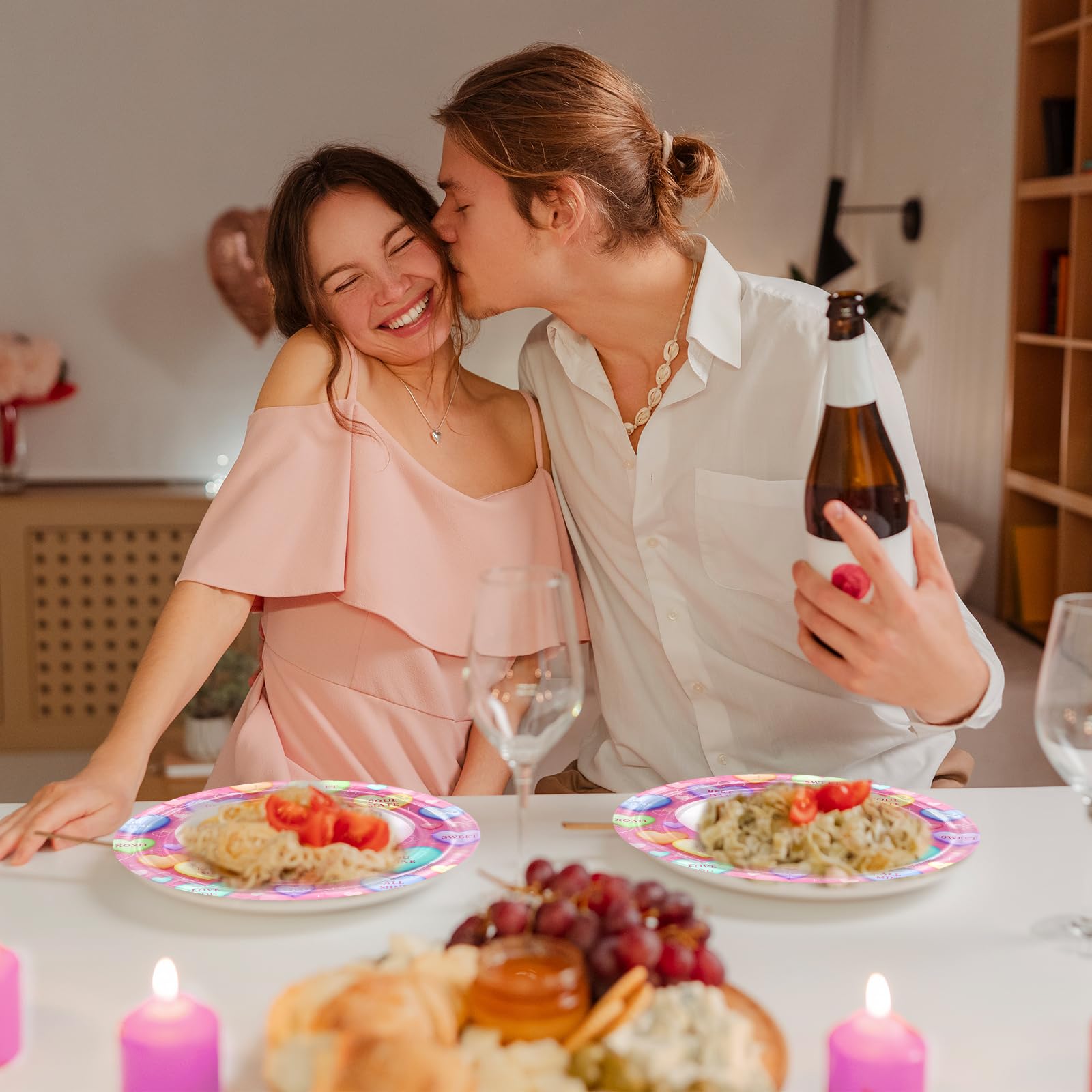 Avezano 96-Piece Valentine's Day Disposable Plates and Napkins Set – Pink Loveheart Tableware for 24