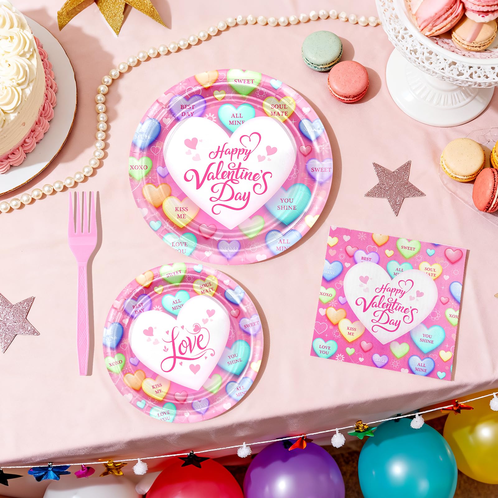 Avezano 96-Piece Valentine's Day Disposable Plates and Napkins Set – Pink Loveheart Tableware for 24
