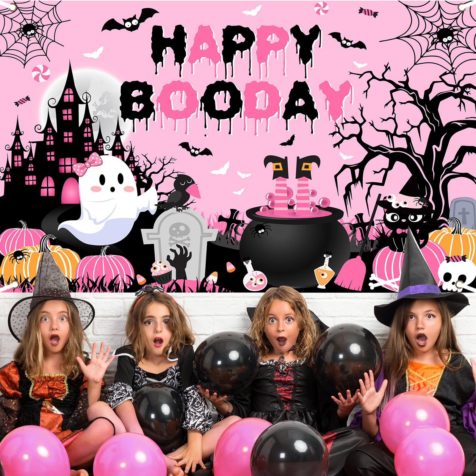 Avezano Happy Boo Day Pink Halloween Birthday Backdrop Banner - 70.8x43.3 Inch Polyester Decor