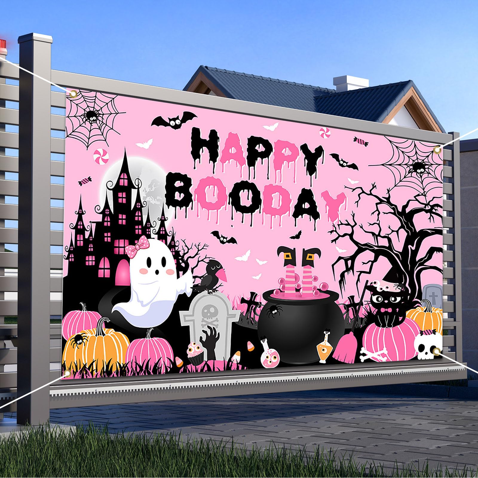 Avezano Happy Boo Day Pink Halloween Birthday Backdrop Banner - 70.8x43.3 Inch Polyester Decor