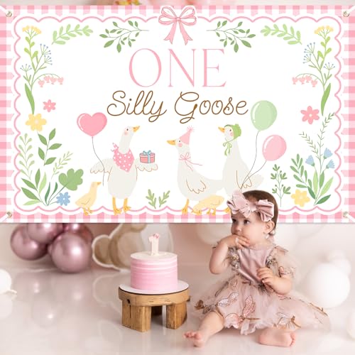 Avezano Pink One Silly Goose Backdrop Banner – 6x3.6 ft Polyester Farm Animal 1st Birthday Party Decor
