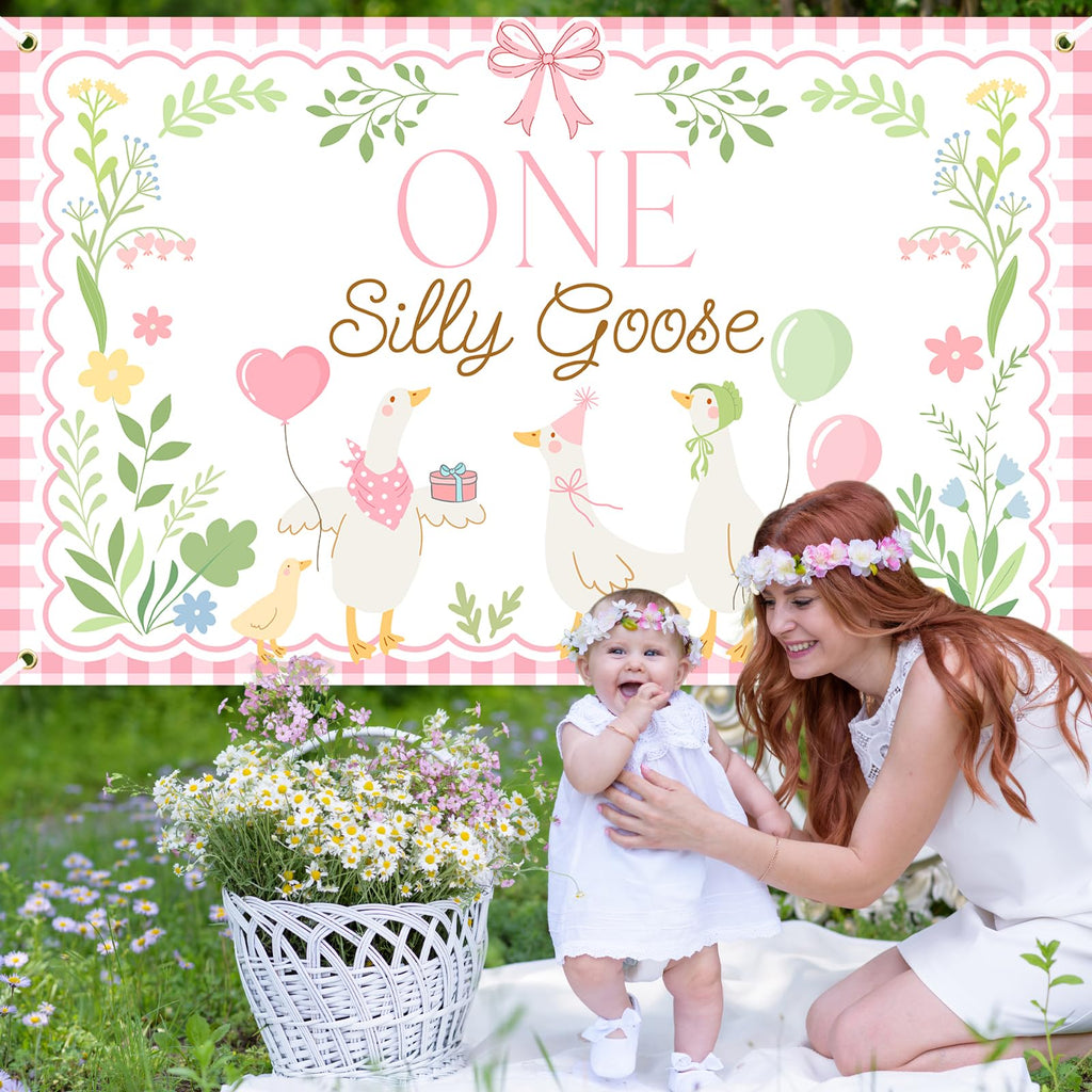 Avezano Pink One Silly Goose Backdrop Banner – 6x3.6 ft Polyester Farm Animal 1st Birthday Party Decor