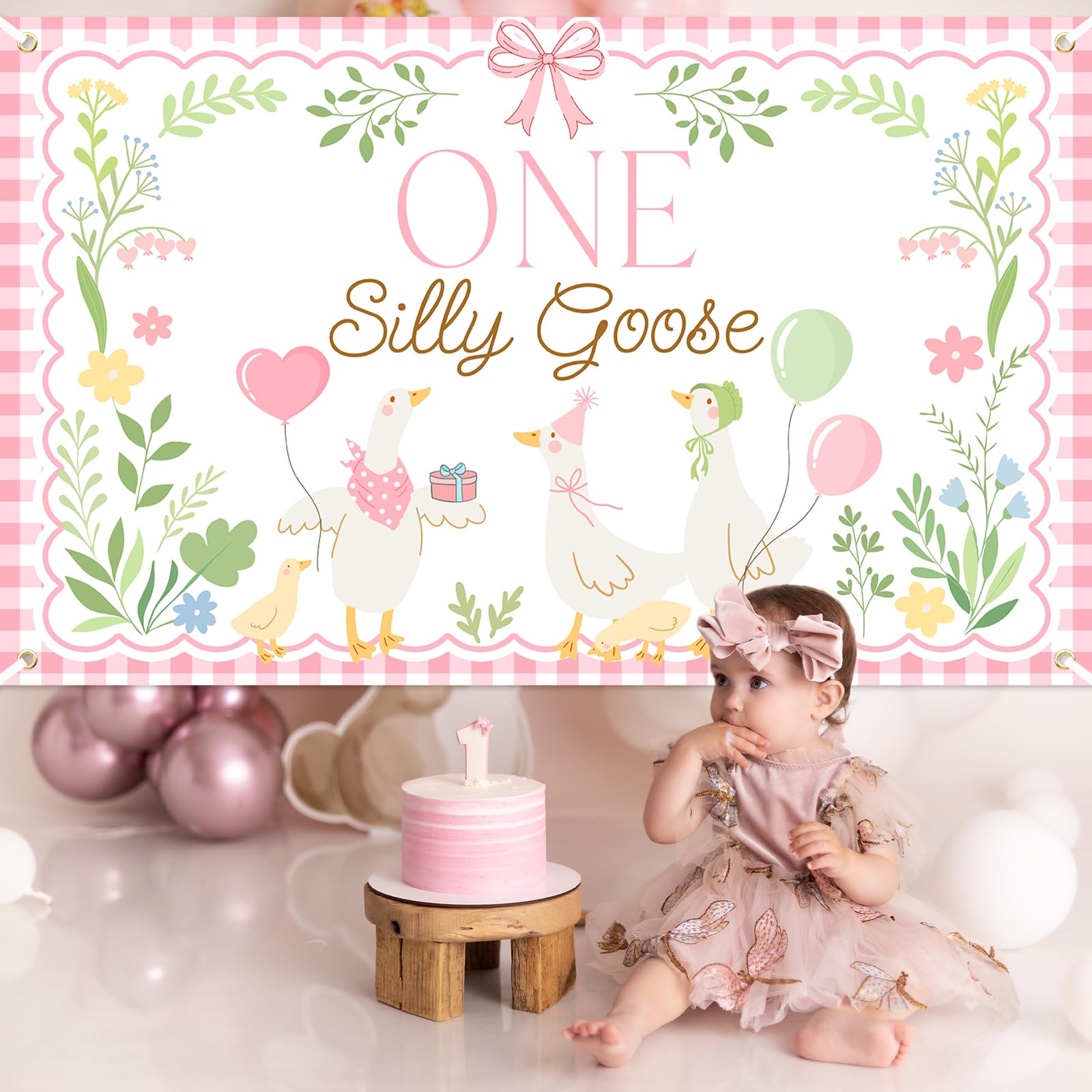Avezano Pink One Silly Goose Backdrop Banner – 6x3.6 ft Polyester Farm Animal 1st Birthday Party Decor