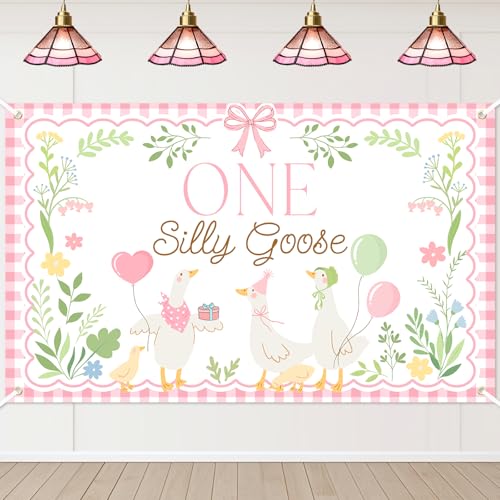 Avezano Pink One Silly Goose Backdrop Banner – 6x3.6 ft Polyester Farm Animal 1st Birthday Party Decor
