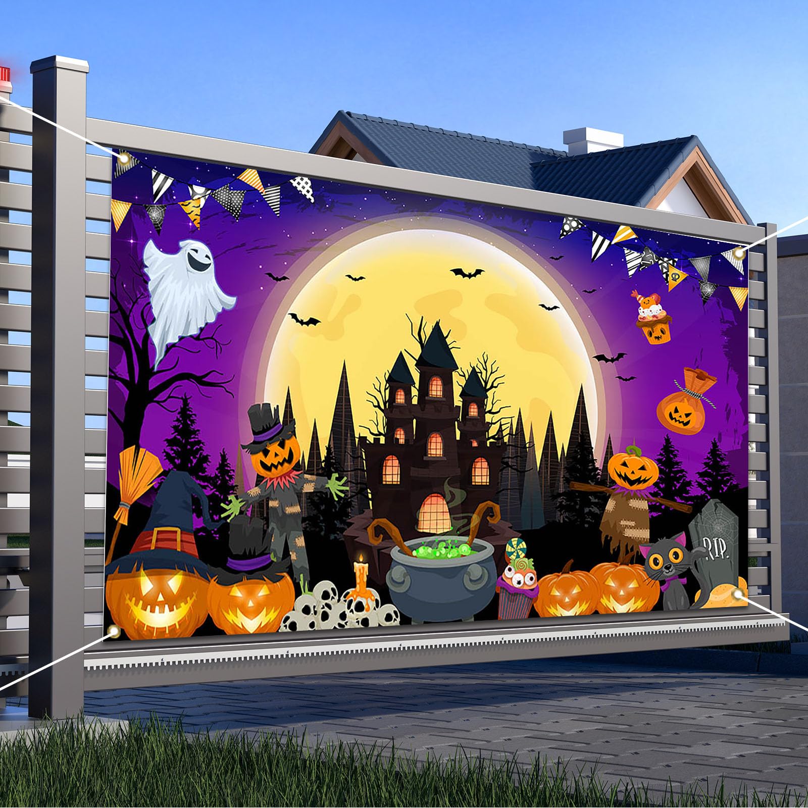 Avezano Purple Halloween Banner 70.8 x 43.3 Inch Trick or Treat Backdrop for Party Decor