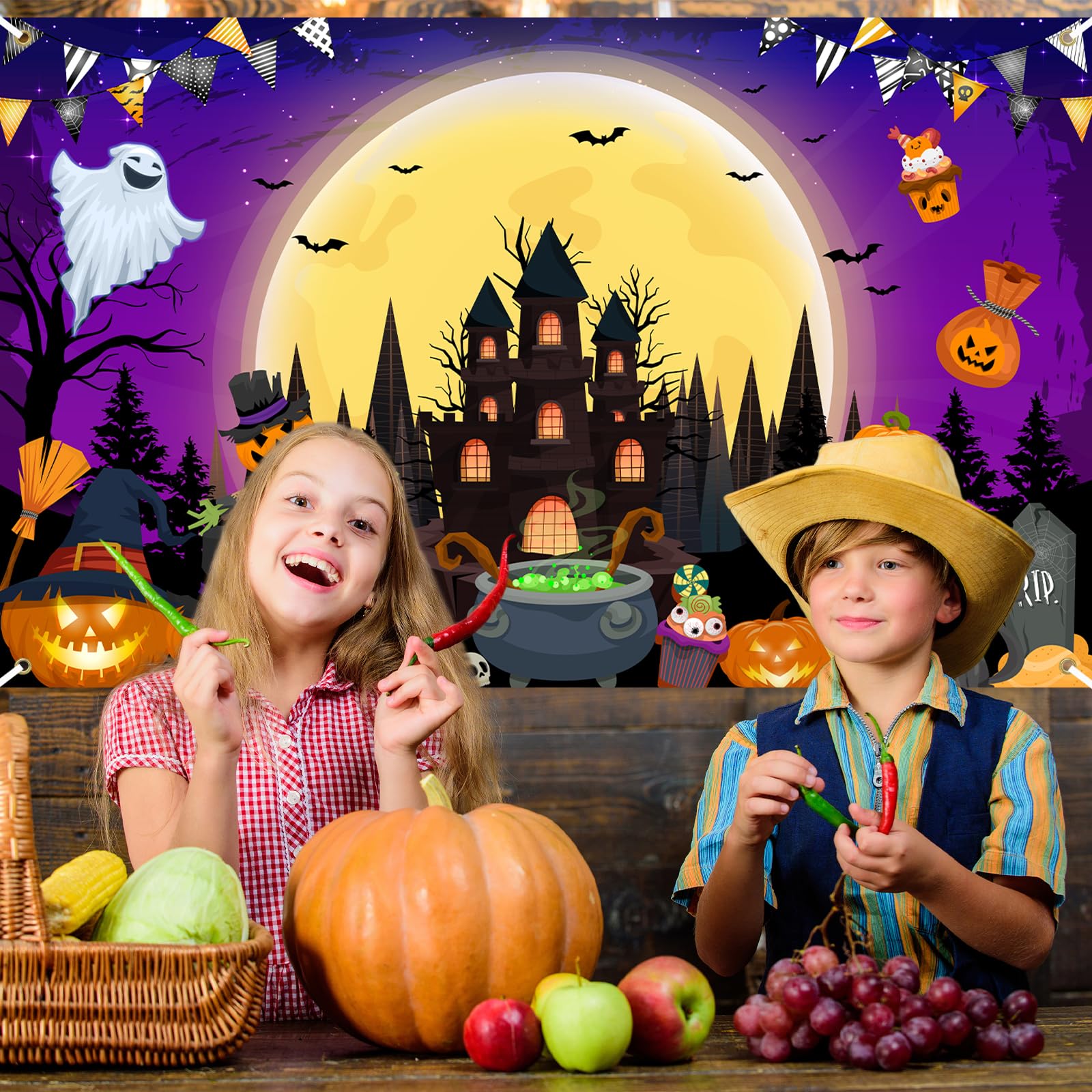 Avezano Purple Halloween Banner 70.8 x 43.3 Inch Trick or Treat Backdrop for Party Decor