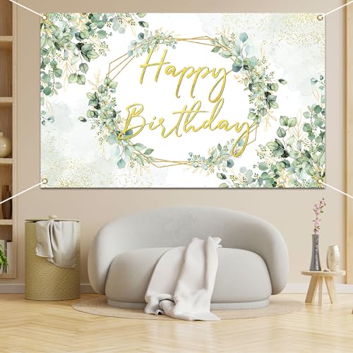 Avezano Sage Green Birthday Backdrop | 70.8x43.3 Inch Greenery Eucalyptus Party Background