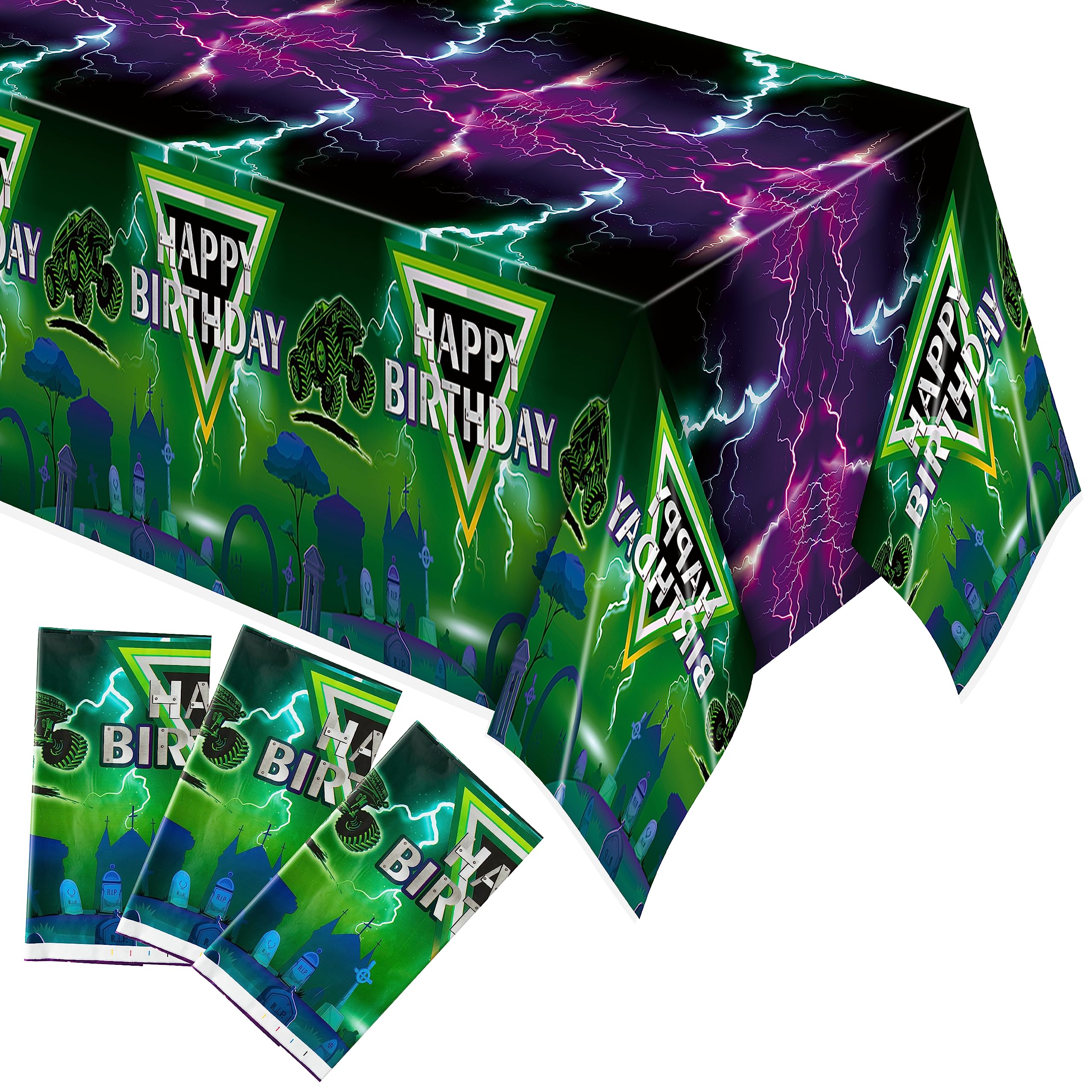 AwserTantue Green & Purple Monster Truck Tablecloth Set (3-Pack) - 54x108 Inch Disposable Rectangular Table Cover for Birthday Parties