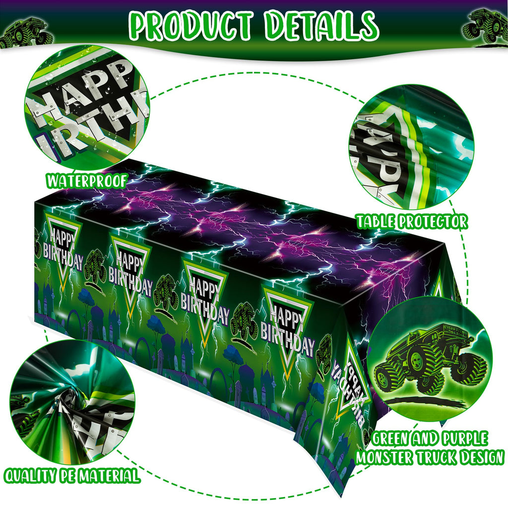 AwserTantue Green & Purple Monster Truck Tablecloth Set (3-Pack) - 54x108 Inch Disposable Rectangular Table Cover for Birthday Parties
