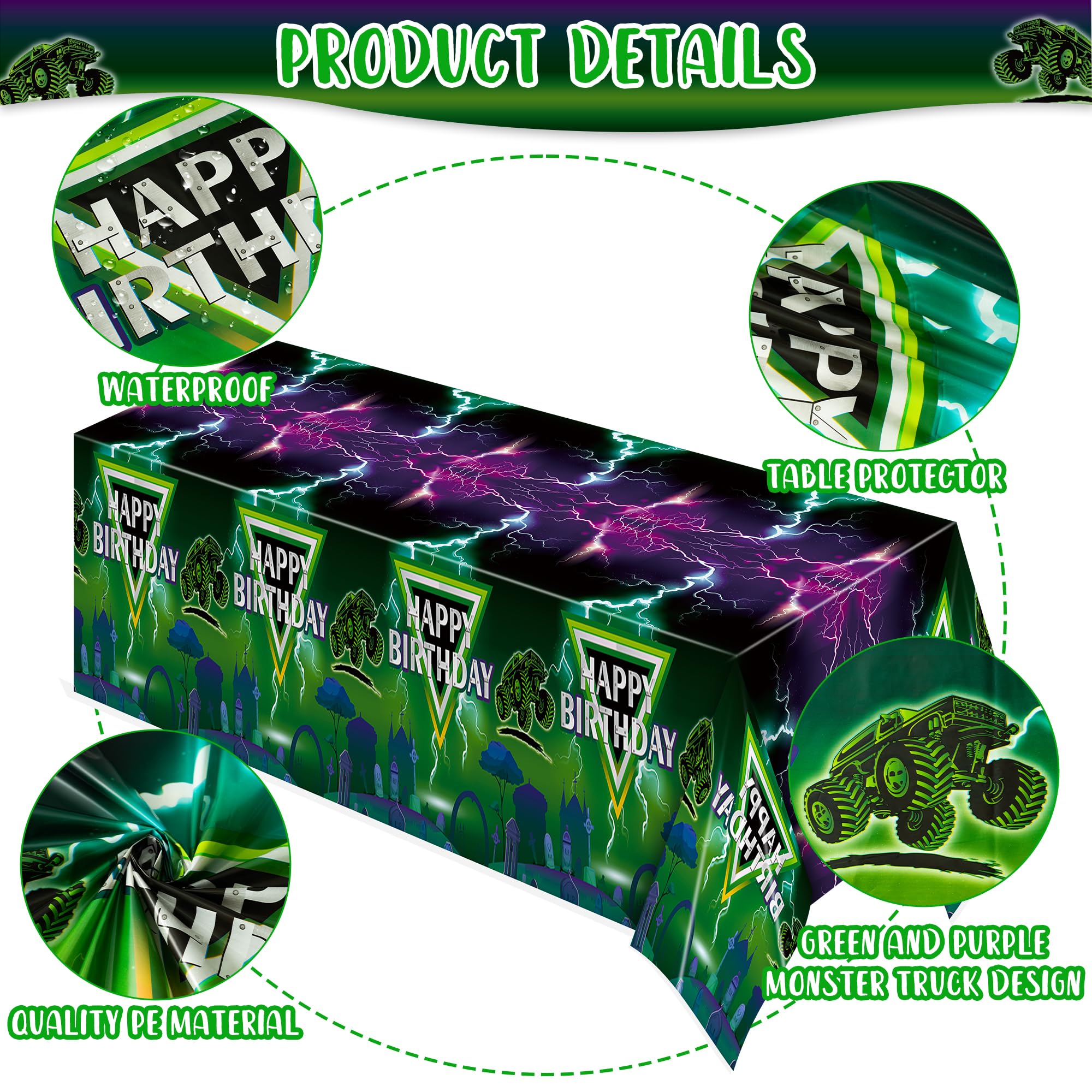 AwserTantue Green & Purple Monster Truck Tablecloth Set (3-Pack) - 54x108 Inch Disposable Rectangular Table Cover for Birthday Parties