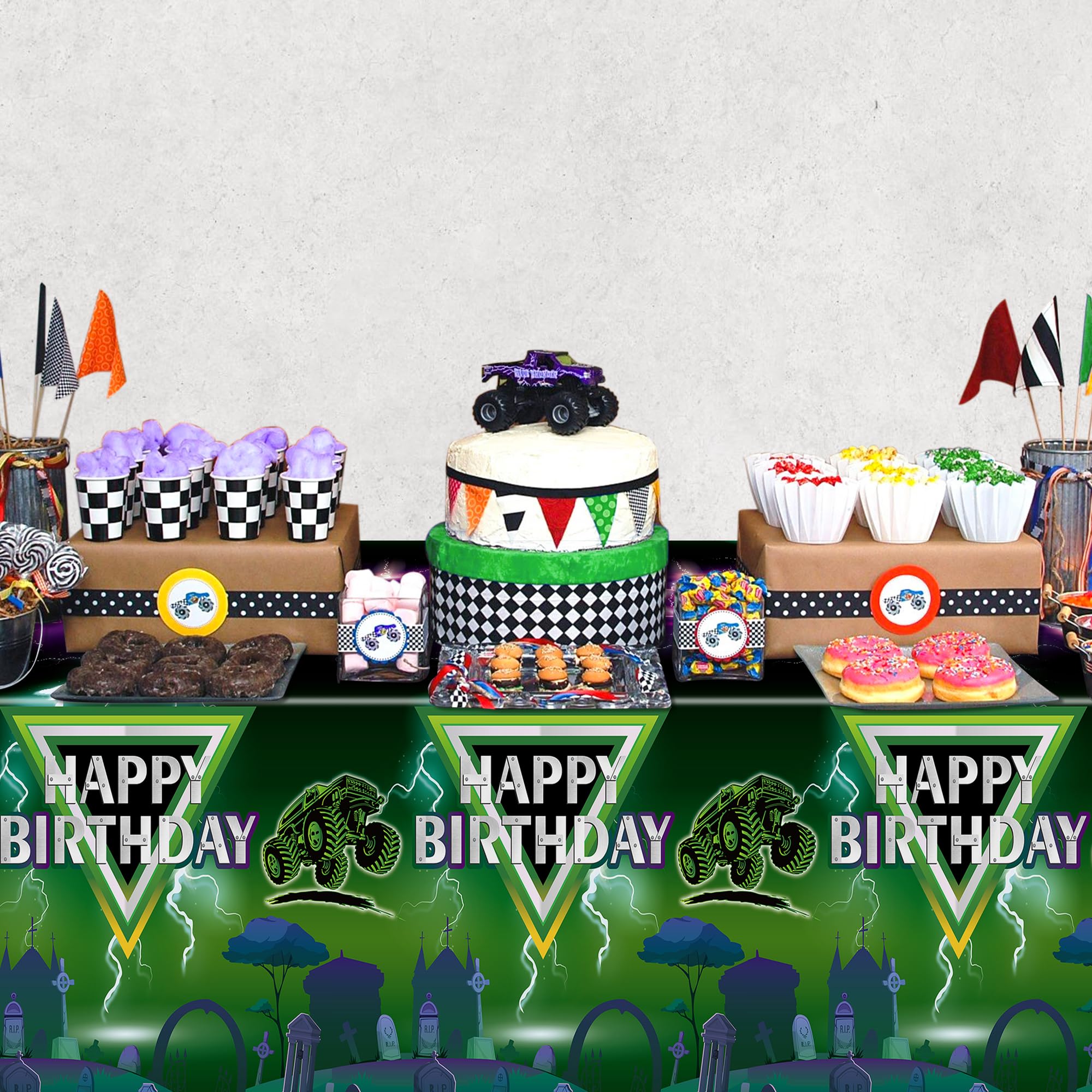 AwserTantue Green & Purple Monster Truck Tablecloth Set (3-Pack) - 54x108 Inch Disposable Rectangular Table Cover for Birthday Parties