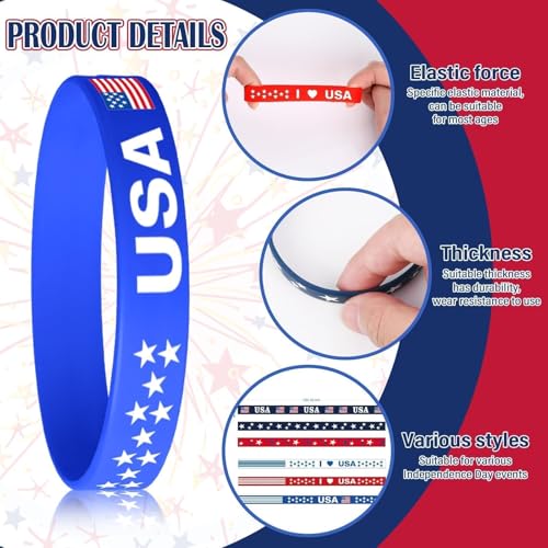 AXBMM 60-Pack Patriotic Silicone Bracelets - USA Flag Red White Blue Wristbands for 4th of July, Memorial Day, Veterans Day