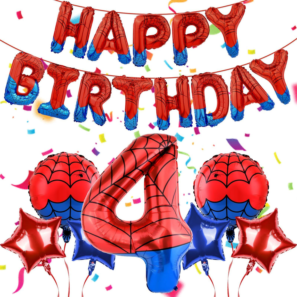 AXBMM Spider Superhero Birthday Party Decorations Set - 40-Inch Number 4 Foil Balloon, Banner, Backdrop for 4th Birthday Boys