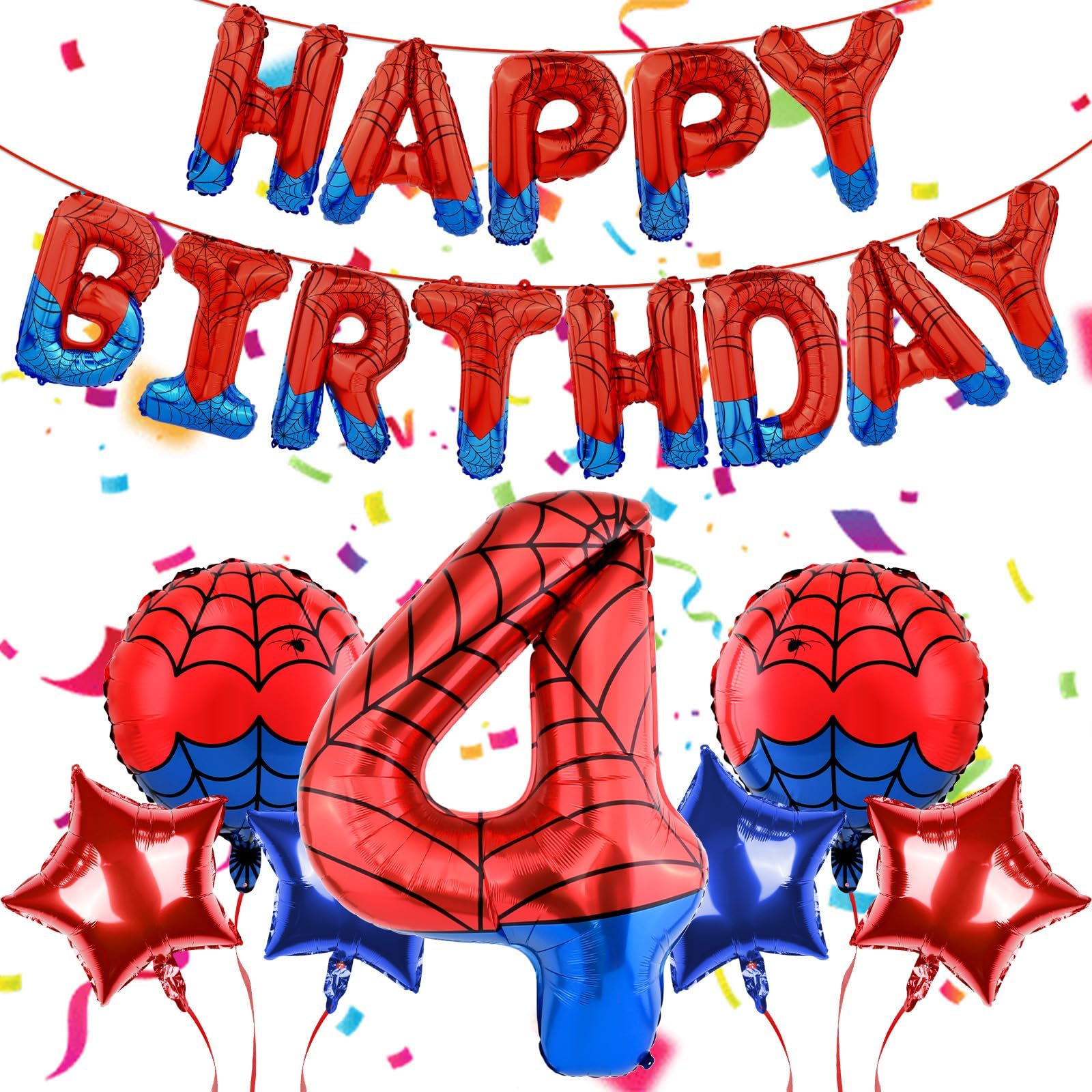 AXBMM Spider Superhero Birthday Party Decorations Set - 40-Inch Number 4 Foil Balloon, Banner, Backdrop for 4th Birthday Boys
