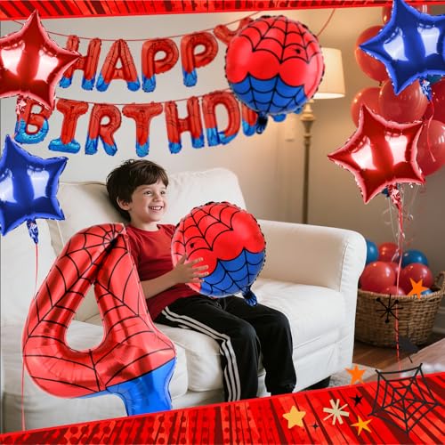 AXBMM Spider Superhero Birthday Party Decorations Set - 40-Inch Number 4 Foil Balloon, Banner, Backdrop for 4th Birthday Boys