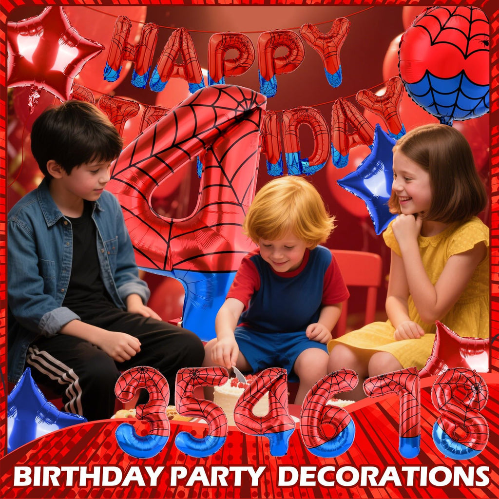 AXBMM Spider Superhero Birthday Party Decorations Set - 40-Inch Number 4 Foil Balloon, Banner, Backdrop for 4th Birthday Boys