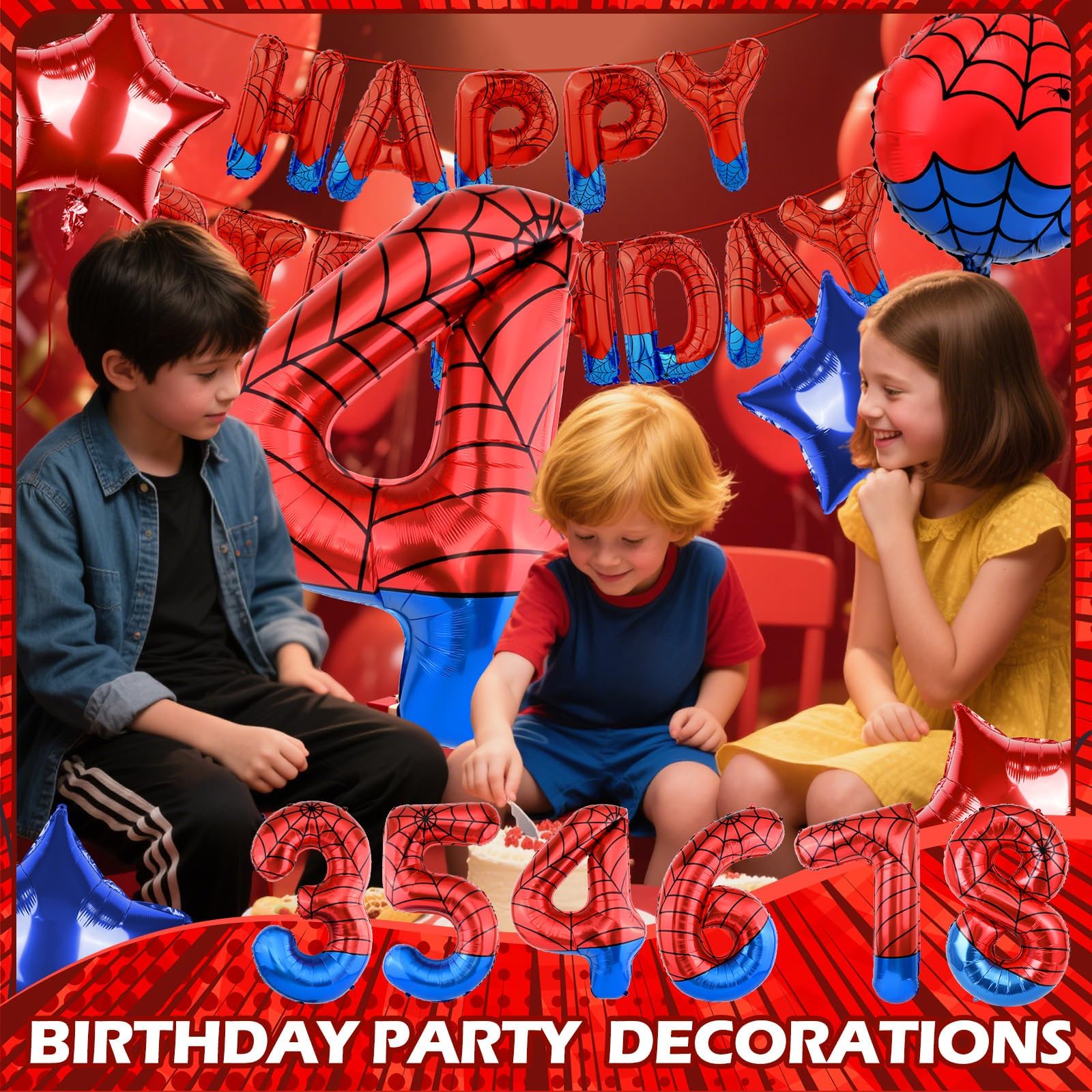 AXBMM Spider Superhero Birthday Party Decorations Set - 40-Inch Number 4 Foil Balloon, Banner, Backdrop for 4th Birthday Boys