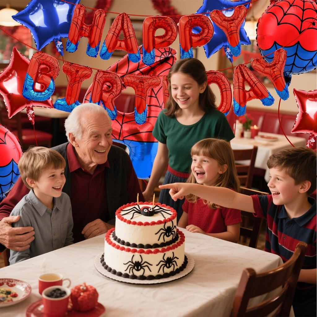 AXBMM Spider Superhero Birthday Party Decorations Set - 40-Inch Number 4 Foil Balloon, Banner, Backdrop for 4th Birthday Boys