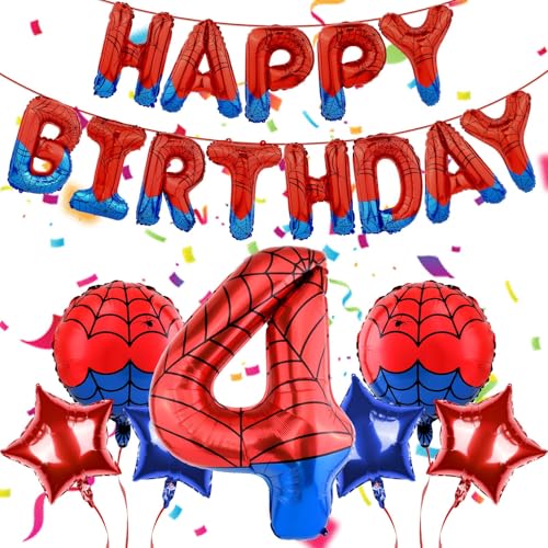AXBMM Spider Superhero Birthday Party Decorations Set - 40-Inch Number 4 Foil Balloon, Banner, Backdrop for 4th Birthday Boys