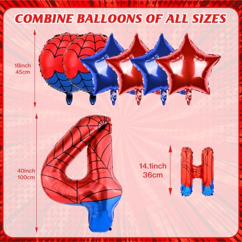 AXBMM Spider Superhero Birthday Party Decorations Set - 40-Inch Number 4 Foil Balloon, Banner, Backdrop for 4th Birthday Boys