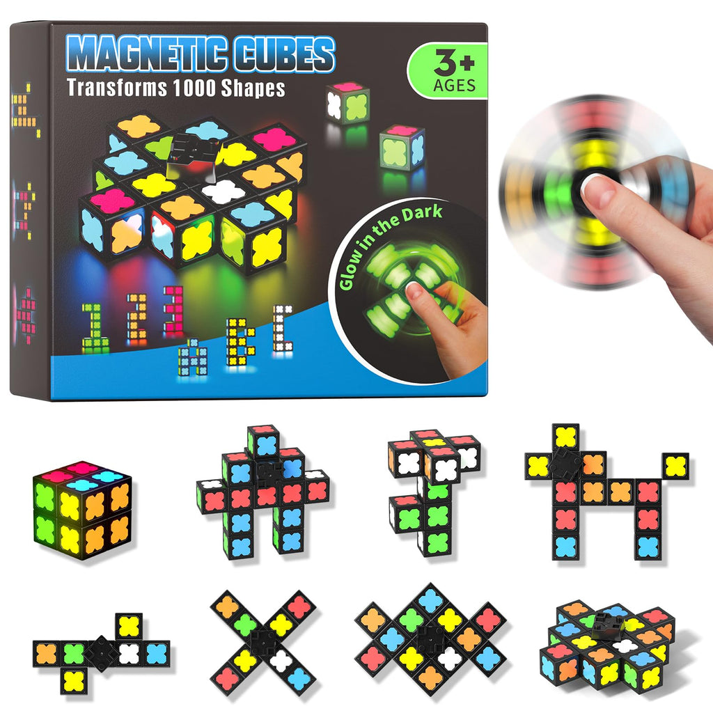 Axirata 4-in-1 Magnetic Fidget Spinner Cube Set – Glow-in-the-Dark Transformable Blocks for Stress Relief & Sensory Play