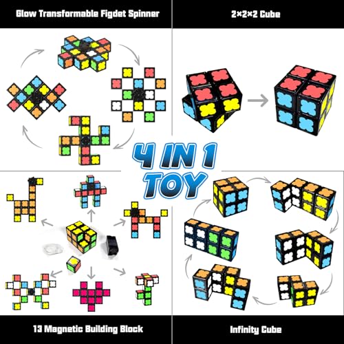 Axirata 4-in-1 Magnetic Fidget Spinner Cube Set – Glow-in-the-Dark Transformable Blocks for Stress Relief & Sensory Play