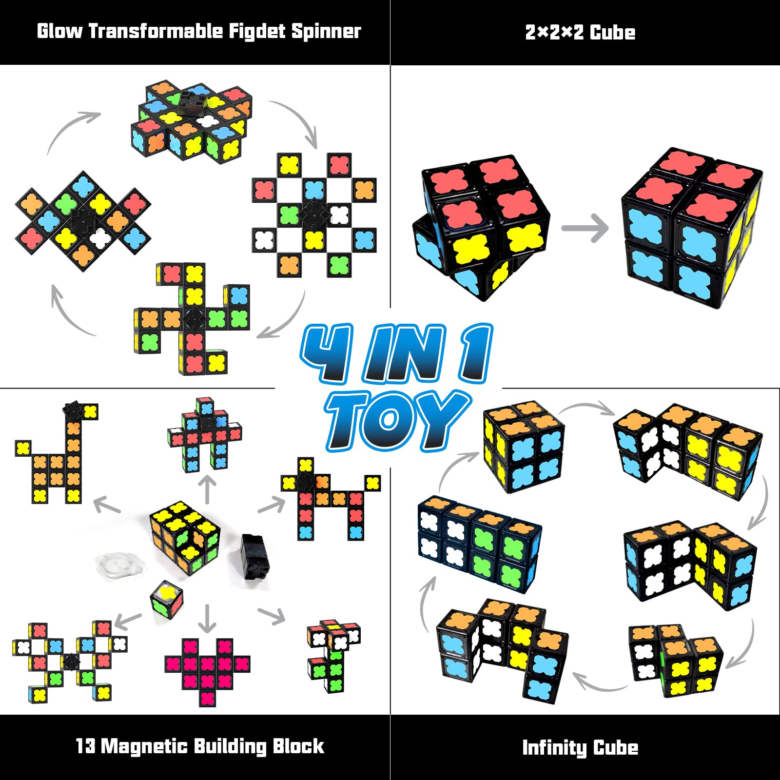 Axirata 4-in-1 Magnetic Fidget Spinner Cube Set – Glow-in-the-Dark Transformable Blocks for Stress Relief & Sensory Play